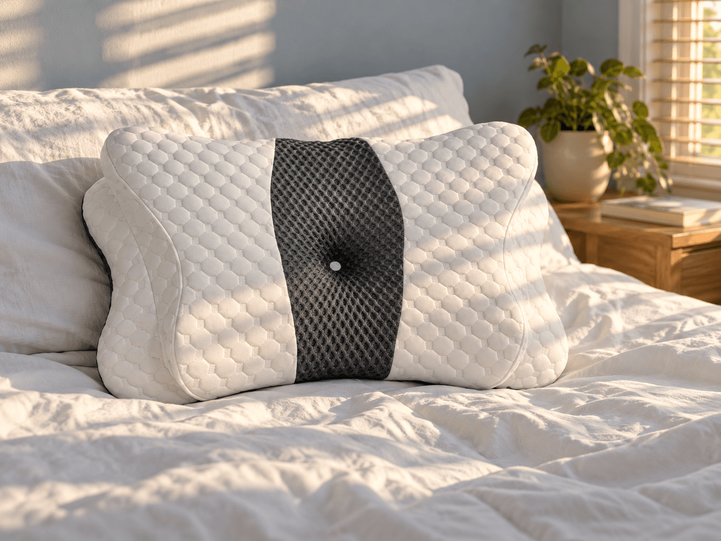 Bed with morning light coming through the window