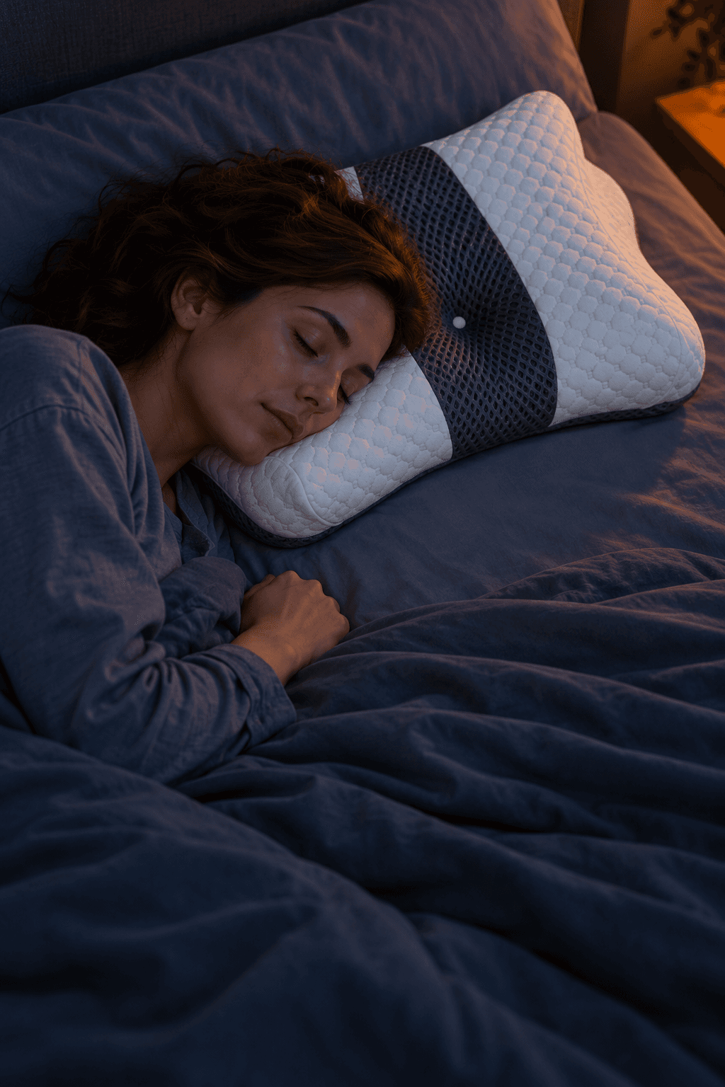Bed lit by a bedside lamp at night