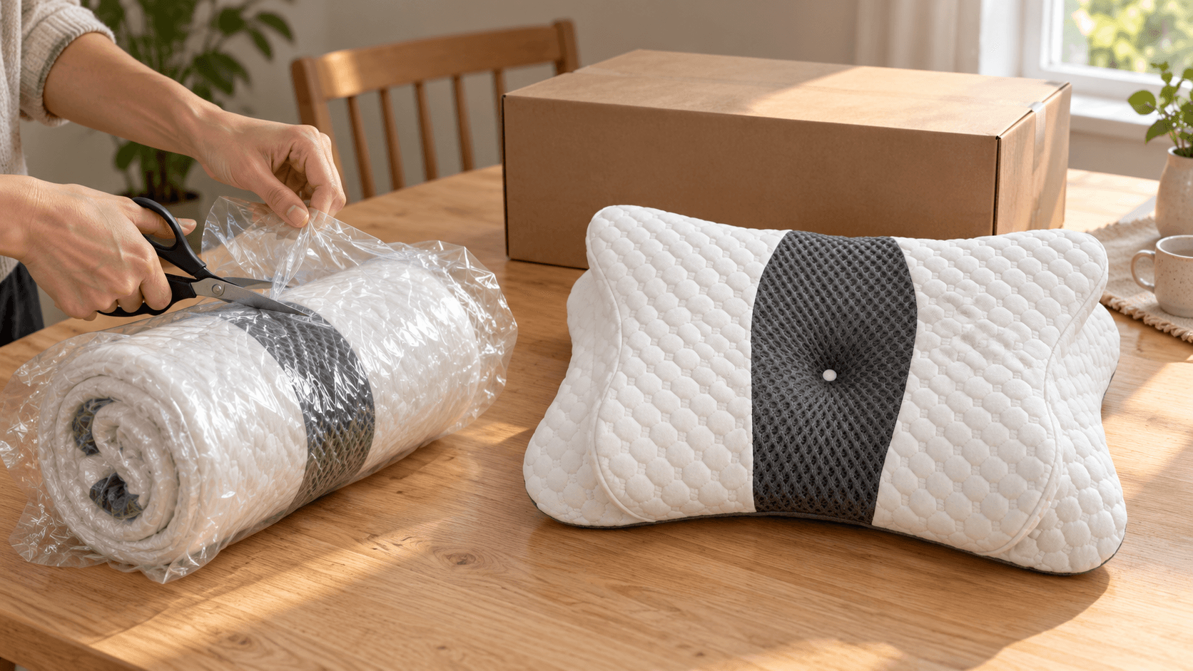 Vacuum-compressed pillow next to the same pillow fully expanded